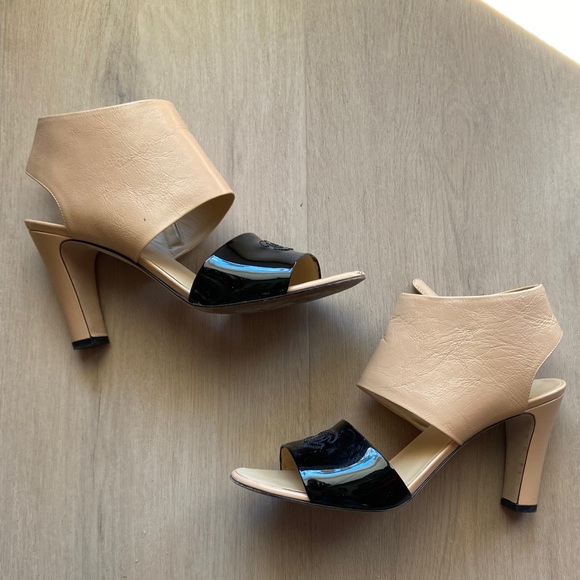 Chanel Open Toe Sandals Heels 37.5 Black Beige - Picture 5 of 9